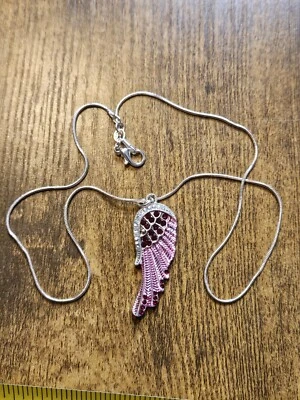 Pink Angel Wing Feather Pendant With  18" Sterling Necklace WING IS NOT STERLING - Image 1 of 3