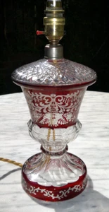 Antique Bohemian Ruby Glass Cut to Clear Crystal Table Floral Lamp Light 12" - Picture 1 of 14