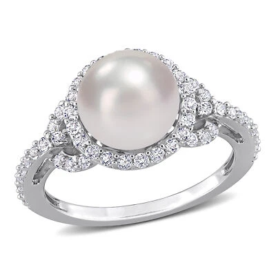 Amour Silver 8.5-9mm Cultured FW Pearl & 3/4 CT TGW White Topaz Halo Ring - Image 1 of 4