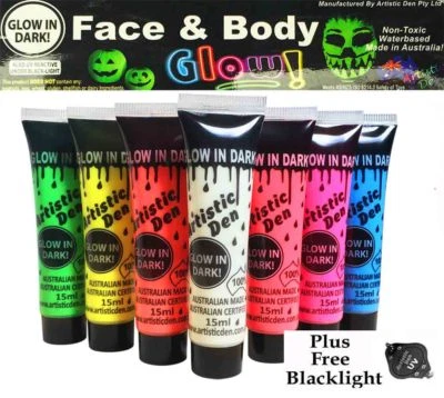 7 x15ml UV NEON  GLOW IN THE DARK FACE & BODY PAINT + FREE UV LIGHT! - image 1 of 4