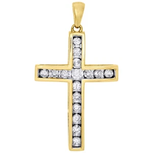 10K Yellow Gold Ladies Round Diamond Cross Pendant 1.3" Channel Set Charm 1/2 Ct - Picture 1 of 5