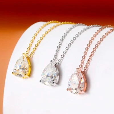 2CT Real Pear Cut Moissanite Teardrop Pendant Necklace 925 Sterling Silver Chain - Image 1 of 4