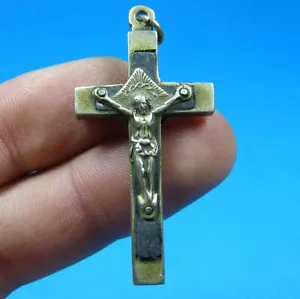VERY NICE PECTORAL CROSS EBONY SACRED HEART ANTIQUE RELIGIOUS CRUCIFIX CHARM - Picture 1 of 3