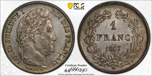 1847-A FRANCE Franc Silver Coin Paris mint Louis Philippe I PCGS AU-55 - Picture 1 of 2