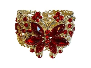 Red Jewel Butterfly Cuff Hinged Bracelet Silvertone Statement Piece Gorgeous! - Picture 1 of 11