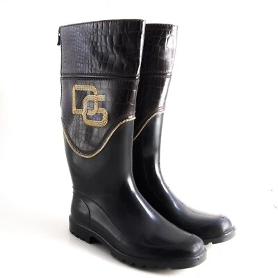 Dolce Gabbana Wellington Botas de Lluvia Negro Jalea Marrón Cuero EE. UU. 7 UE 37 Foto 1 de 4