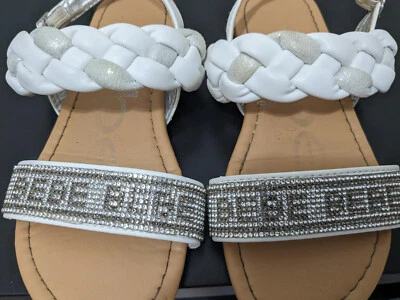 Sandalias Bebe Niñas Blanco Plata Trenzado Estrás Talla 1 Elegantes Foto 1 de 4