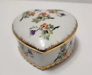 Vintage Porcelain Heart Trinket Box Flowers Gold Trim Enesco Company - Imagen 1 de 11