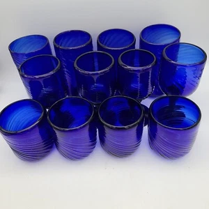 Hand Blown Swirled Cobalt Blue 12 Glasses Tumblers Goblets Stemmed Service for 4 - Picture 1 of 16
