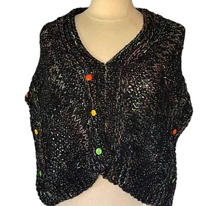 Handgestrickt Grobstrick Schwarz Bolero Shrug One Sz Knöpfe Lebendiger Akzent Tweed Boho - Bild 1 von 9