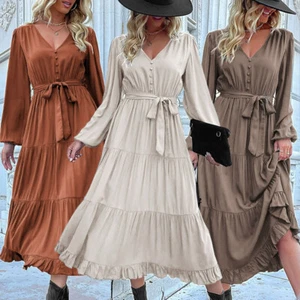 Maxi Vestido Largo Mujer Musulmana Informal Dubai Cuello en V Abaya Islámico Eid - Imagen 1 de 14