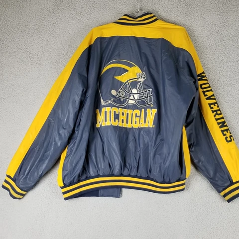 Michigan Wolverines Jacket Men XL Blue Varsity Faux Leather Helmet Steve Barrys Cover