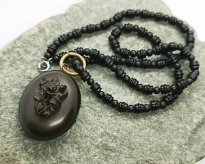 Antique Victorian Mourning Gutta Percha Locket and Czech Glass Chain Necklace - Picture 1 of 9