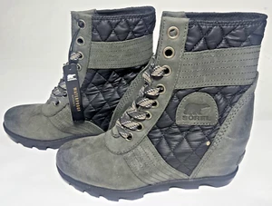 Sorel Boots Gray Slate Lexie Wedge Quilted Lug Sole Leather Size 8.5 - Picture 1 of 6