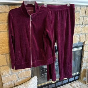 2 PC Karen Scott Wine Colored Velour Zip Jacket And Pants Large - Picture 1 of 4