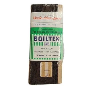 Vintage 60er Boiltex breiter Saum Spitze 56 B Kreuzgang braun 1,75" breit 2,5 Yds Nylon - Bild 1 von 3