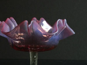 Victorian Cranberry Opalescent Hand Blown Glass Footed Compote Bowl, Ruffled - Picture 1 of 15