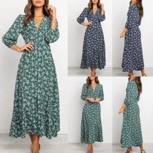 Women Lady Boho Kimono Sleeve Floral Long Maxi Summer Beach Dress Sundress Party - Picture 1 of 14