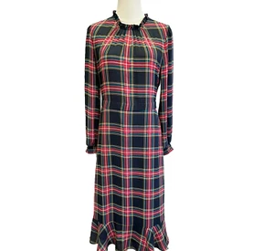 New 2J. Crew Stewart Tartan Plaid Ruffleneck Peasant Midi Dress Size 12 - Picture 1 of 13