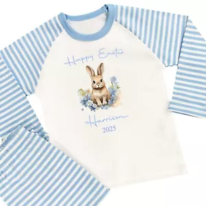 Personalised Boys Easter Pyjamas Blue Stripe Bunny Rabbit PJs Gift - Picture 1 of 8