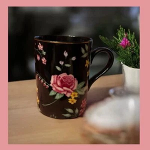 Vintage Fitz & Floyd Amboise Fine Porcelain Black Floral Mugs w/ Gold Trim Set  - Bild 1 von 6