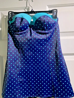 Spanx Tankini Top Dresskini Blue Polka Dot Underwired Size 8 Swimwear - Image 1 of 4