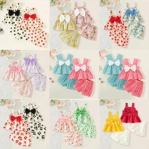 Summer Toddler Girls Sleeveless Bowknot Tops+Soild Color Shorts 2Pcs Outfits Set - Picture 1 of 69