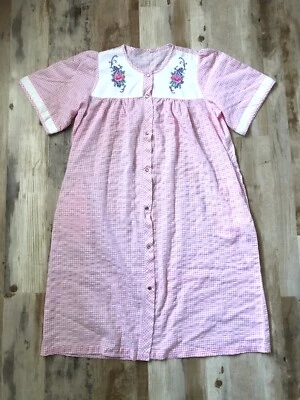 House Coat 日间礼服口袋粉色和白色棉质按扣包复古 S M L — 第 1/4 张图片