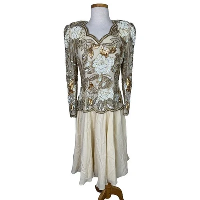 Vintage 80s Sequin Beaded Silk Floral Evening Cocktail Dress Formal Party Midi 6 - Image 1 of 4