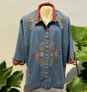 Liz & Me Denim Button Up Shirt Jacket Embroidered Southwestern Rainbow Collar 4X - Picture 1 of 10