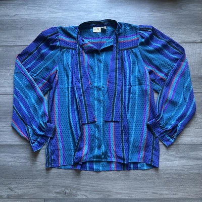 Blusa vintage Liz Claiborne multicolor manga larga bufanda cuello abotonado talla 10 Foto 1 de 4