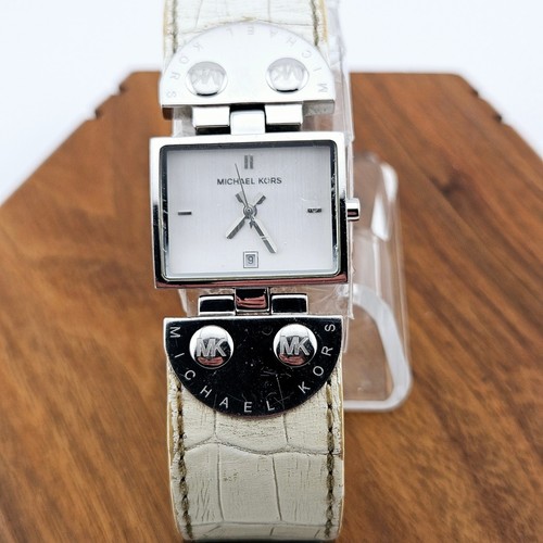 Orologio Michael Kors donna tono argento quadrante quadrato bracciale pelle bianca largo