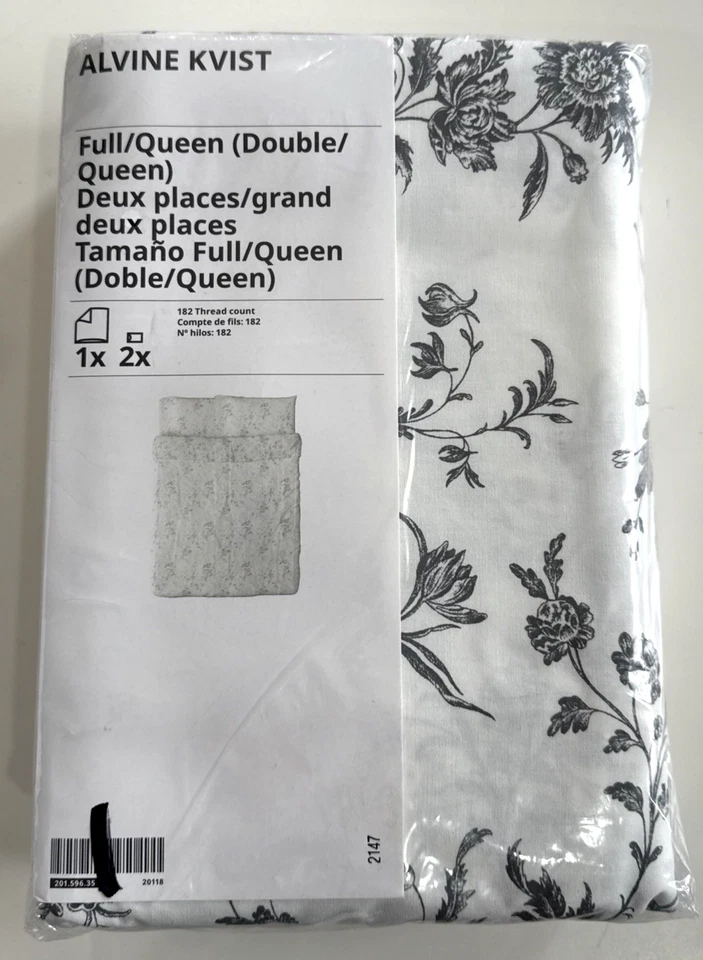 IKEA Queen Full Duvet Quilt Cover 3pc Set Alvine Kvist Floral White Gray