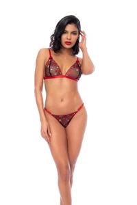 Black w/ Red Embroidered Heart Sheer Mesh Bralette & Thong Panty Lingerie - Picture 1 of 3