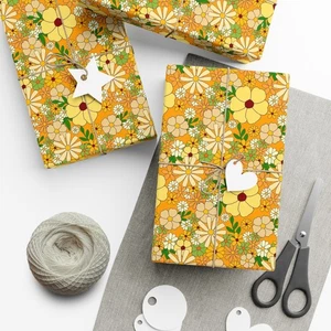 Retro 70s Floral Wrapping Paper Yellow Orange Daisies Mod Vintage Gift Wrap - Picture 1 of 25