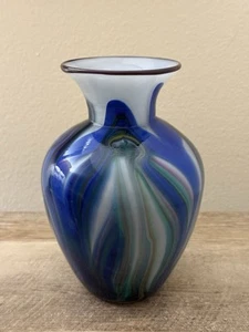 Vaso vetro artistico Dehanna Jones soffiato a mano vintage bianco viola blu verde 7,5" - Foto 1 di 10