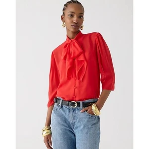 J Crew Tie Neck Button Up Sheer Chiffon 3/4 Sleeve Blouse US Womens M New - Picture 1 of 5