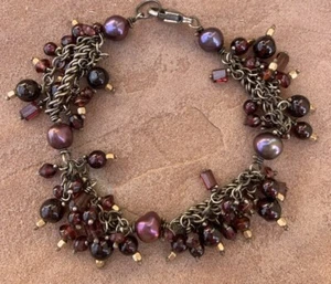 Beautiful Sterling Silver Garnet & Pearl Cluster Bracelet - Picture 1 of 8