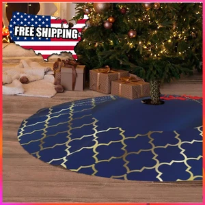 48" Christmas Tree Skirt Navy Blue & Gold Imitation Linen Christmas Tree - Picture 1 of 8