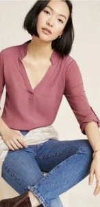 NWT Anthropologie Porridge Large Clothing V Neck Mauve Shirt Roll Tab Sleeve - Picture 1 of 9