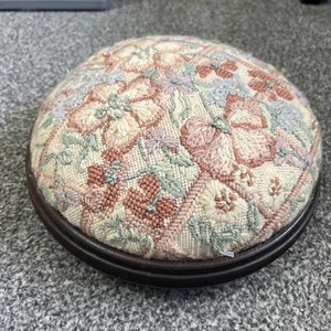 Vintage Round Footstool Embroidered Needlepoint Wood Floral used Foot Stool - Picture 1 of 4