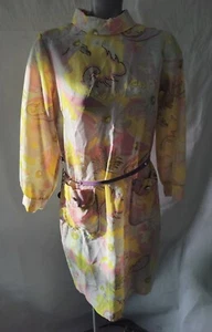 Vintage 1960s Yellow & Pink Floral Dress Long Sleeve Chain Belt Size 12 - Picture 1 of 13