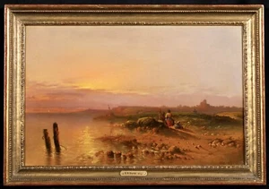 RICHARD B. DAVID (Exh. 1864-1870) SIGNED ENGLISH OIL CANVAS - SUNSET FISHERFOLK - Picture 1 of 9