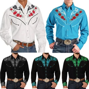Camisa informal retro estampada de vaquero occidental manga larga con botones para hombre · - Imagen 1 de 20