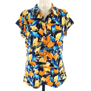 ALFANI Top Shirt Blouse Stretchy Colourful Leaf Print Cap Sleeve Casual Size L - Picture 1 of 9
