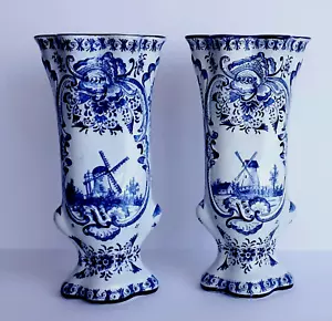 Antique DELFT PAIR OF XL VASES 12.2 INCHES PORCELAIN EMBOSSED ACCENTS - RARE - Picture 1 of 7