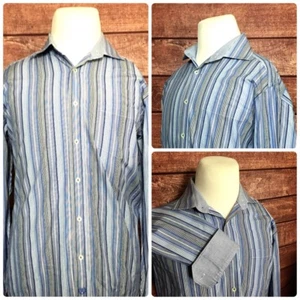 Bugatchi Uomo Classic Fit Men Shirt L/S Blue White Striped Flip Cuffs Size Large - Picture 1 of 8