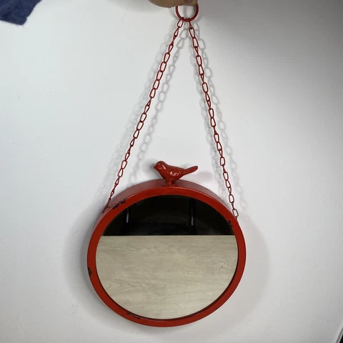 Round Red Metal Framed Hanging Mirror Bird Decor 10" Dia  x 20" Top -Bottom Cover