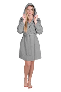 Ladies Robe Waffle Knit Hoodie Robe Travel Short Hooded Spa Bathrobe - Picture 1 of 12