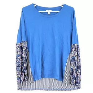 Style & Co. Women's Mixed-Media Blouson Sleeve, Medium, Striped Blue Paisley - Picture 1 of 3